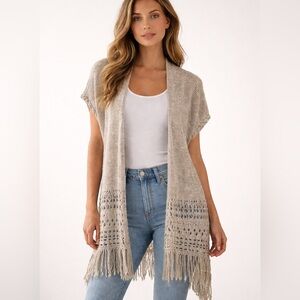 Hollister Beige Knit Fringe Open Front Boho Cardigan Wrap M/L